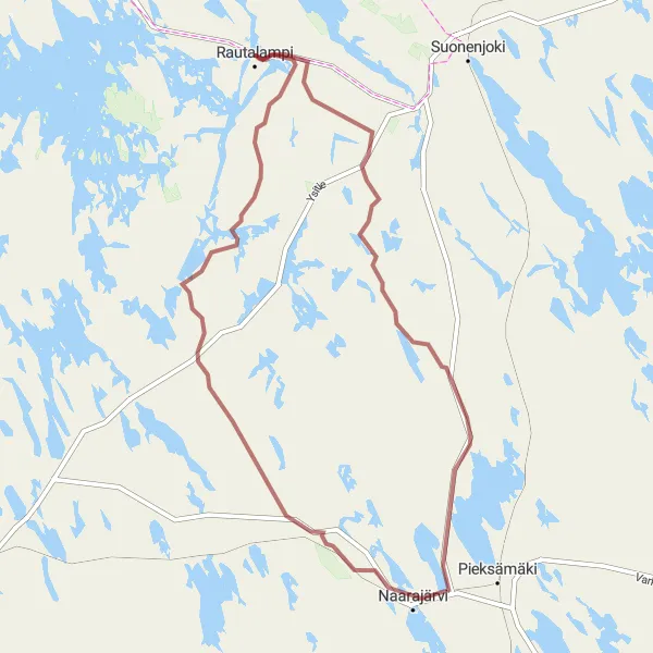 Map miniature of "Gravel Expedition: Nenonpelto and Myhinjärvi" cycling inspiration in Pohjois- ja Itä-Suomi, Finland. Generated by Tarmacs.app cycling route planner