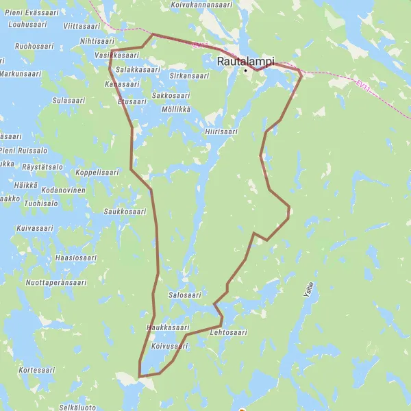 Map miniature of "Gravel Excursion: Pieni-Myhi and Etusaari" cycling inspiration in Pohjois- ja Itä-Suomi, Finland. Generated by Tarmacs.app cycling route planner