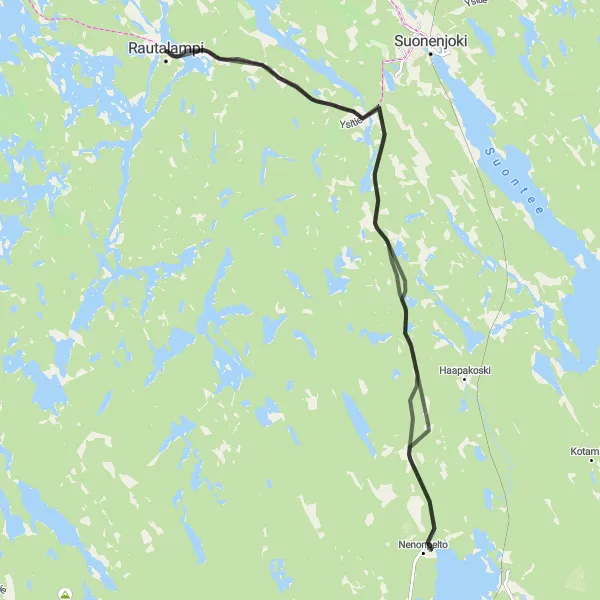 Map miniature of "Rautalampi Loop" cycling inspiration in Pohjois- ja Itä-Suomi, Finland. Generated by Tarmacs.app cycling route planner