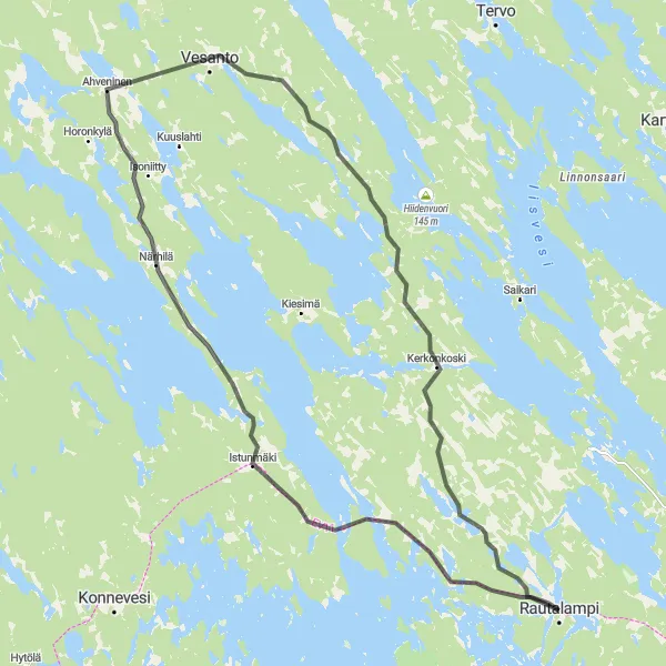 Map miniature of "Vesanto Circuit" cycling inspiration in Pohjois- ja Itä-Suomi, Finland. Generated by Tarmacs.app cycling route planner