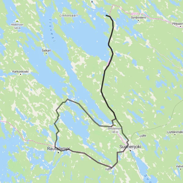 Map miniature of "Suonenjoki Circuit" cycling inspiration in Pohjois- ja Itä-Suomi, Finland. Generated by Tarmacs.app cycling route planner