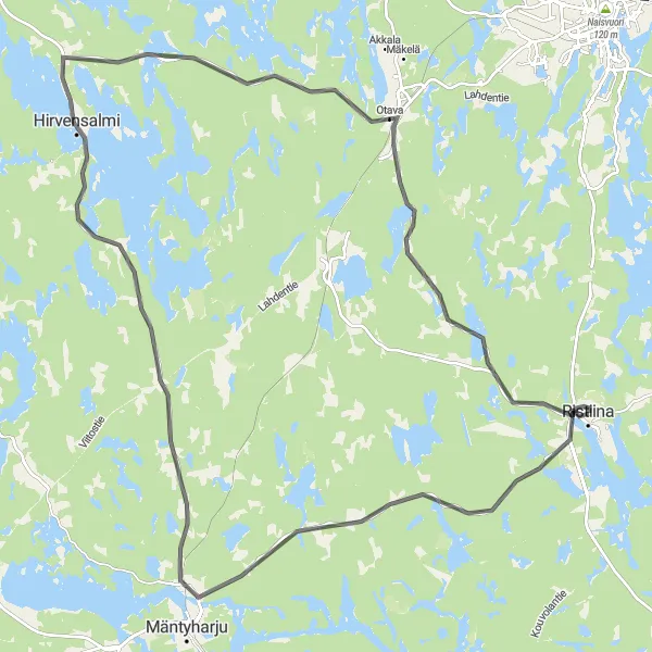 Map miniature of "Ristiina and Hirvensalmi Scenic Ride" cycling inspiration in Pohjois- ja Itä-Suomi, Finland. Generated by Tarmacs.app cycling route planner