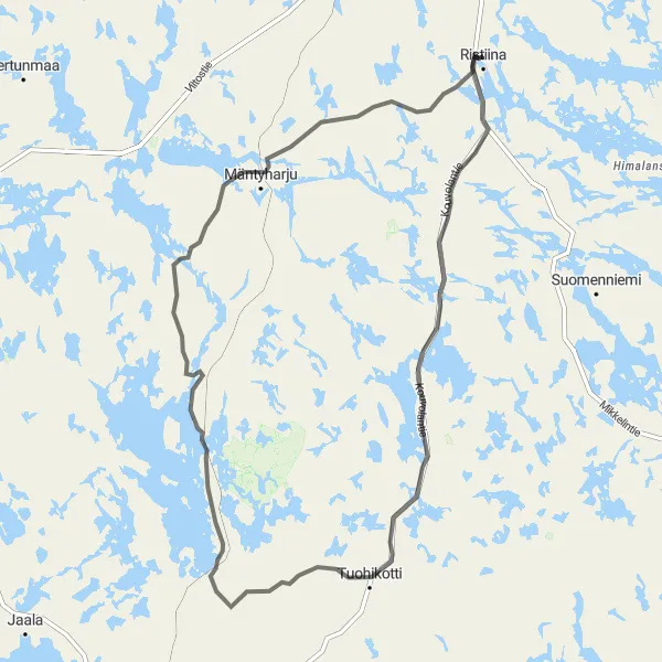 Map miniature of "Ristiina and Mäntyharju Circuit" cycling inspiration in Pohjois- ja Itä-Suomi, Finland. Generated by Tarmacs.app cycling route planner