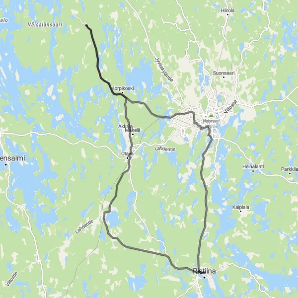 Map miniature of "Ristiina Loop" cycling inspiration in Pohjois- ja Itä-Suomi, Finland. Generated by Tarmacs.app cycling route planner