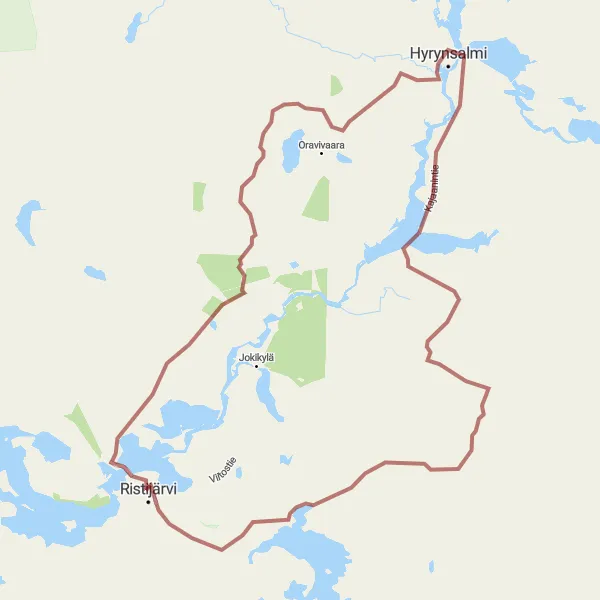 Map miniature of "Off-Road Adventure: Ristijärvi and Hyrynsalmi" cycling inspiration in Pohjois- ja Itä-Suomi, Finland. Generated by Tarmacs.app cycling route planner