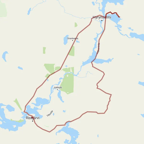 Map miniature of "Ristijärvi to Seitenjärvi Gravel Route" cycling inspiration in Pohjois- ja Itä-Suomi, Finland. Generated by Tarmacs.app cycling route planner