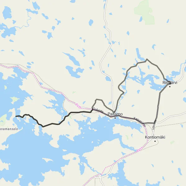 Map miniature of "Ristijärvi to Paltamo Road Route" cycling inspiration in Pohjois- ja Itä-Suomi, Finland. Generated by Tarmacs.app cycling route planner