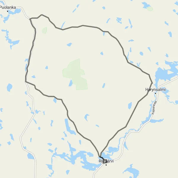 Map miniature of "Suovaara Adventure and Ristijärvi Loop" cycling inspiration in Pohjois- ja Itä-Suomi, Finland. Generated by Tarmacs.app cycling route planner