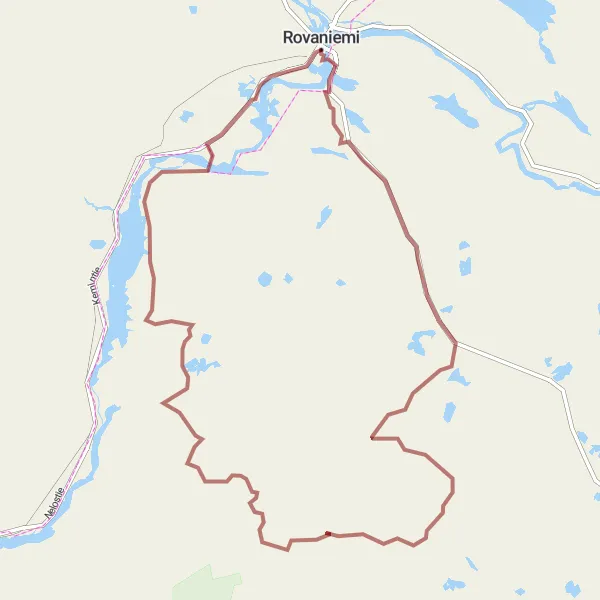 Karttaminiaatyyri "Arctic Circle Adventure Gravel Cycling Route" pyöräilyinspiraatiosta alueella Pohjois- ja Itä-Suomi, Finland. Luotu Tarmacs.app pyöräilyreittisuunnittelijalla