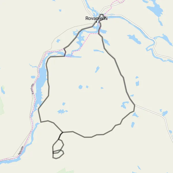 Karttaminiaatyyri "Revontuli Road Cycling Route" pyöräilyinspiraatiosta alueella Pohjois- ja Itä-Suomi, Finland. Luotu Tarmacs.app pyöräilyreittisuunnittelijalla