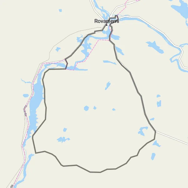 Map miniature of "Rovaniemi to Pullinranta and Elingonranta Loop" cycling inspiration in Pohjois- ja Itä-Suomi, Finland. Generated by Tarmacs.app cycling route planner