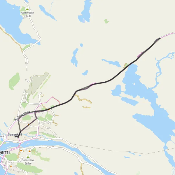 Map miniature of "Saarenkylä to Roosevelt Cottage and Arctic Reindeer Oy Loop" cycling inspiration in Pohjois- ja Itä-Suomi, Finland. Generated by Tarmacs.app cycling route planner