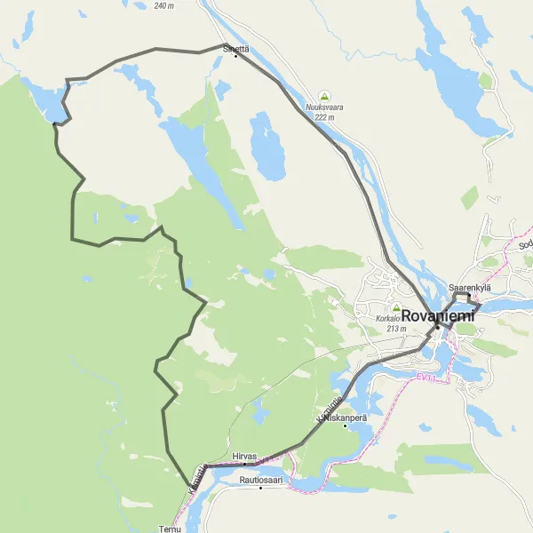 Karttaminiaatyyri "Rovaniemi - Sinettä - Jätkänkynttilä Kierros" pyöräilyinspiraatiosta alueella Pohjois- ja Itä-Suomi, Finland. Luotu Tarmacs.app pyöräilyreittisuunnittelijalla