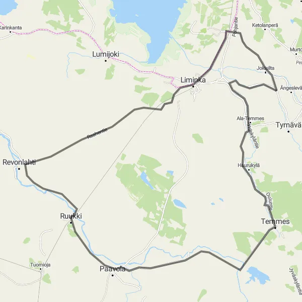 Map miniature of "Liminka Expedition" cycling inspiration in Pohjois- ja Itä-Suomi, Finland. Generated by Tarmacs.app cycling route planner