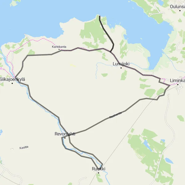 Karttaminiaatyyri "Revonlahti - Lumijoki Road Cycling Route" pyöräilyinspiraatiosta alueella Pohjois- ja Itä-Suomi, Finland. Luotu Tarmacs.app pyöräilyreittisuunnittelijalla
