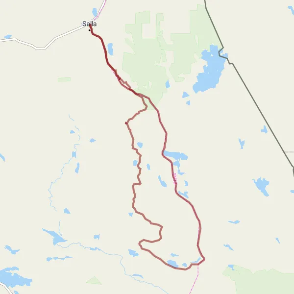 Karttaminiaatyyri "Salla - Hautajärvi Nature Gravel Tour" pyöräilyinspiraatiosta alueella Pohjois- ja Itä-Suomi, Finland. Luotu Tarmacs.app pyöräilyreittisuunnittelijalla