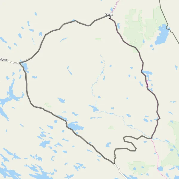 Map miniature of "Salla Road Route" cycling inspiration in Pohjois- ja Itä-Suomi, Finland. Generated by Tarmacs.app cycling route planner