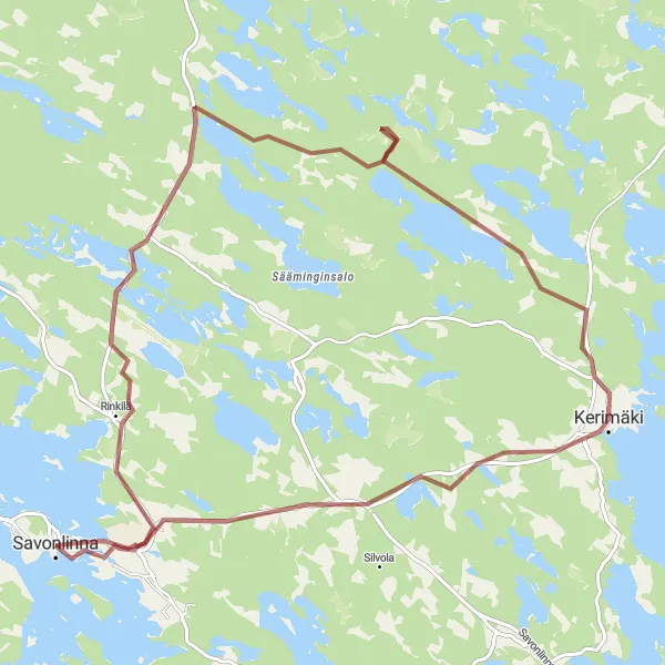 Karttaminiaatyyri "Savonlinna - Bofors L60 - Kerimäki" pyöräilyinspiraatiosta alueella Pohjois- ja Itä-Suomi, Finland. Luotu Tarmacs.app pyöräilyreittisuunnittelijalla