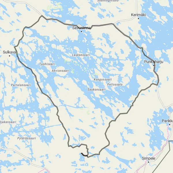 Map miniature of "Olavinlinna Road Adventure" cycling inspiration in Pohjois- ja Itä-Suomi, Finland. Generated by Tarmacs.app cycling route planner