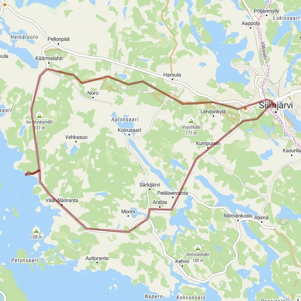 Karttaminiaatyyri "Siilinjärvi - Vuorimäki - Gravel" pyöräilyinspiraatiosta alueella Pohjois- ja Itä-Suomi, Finland. Luotu Tarmacs.app pyöräilyreittisuunnittelijalla