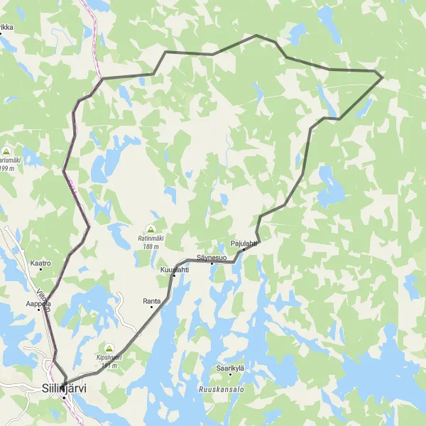 Map miniature of "Siilinjärvi - Oulunmäki Road Route" cycling inspiration in Pohjois- ja Itä-Suomi, Finland. Generated by Tarmacs.app cycling route planner