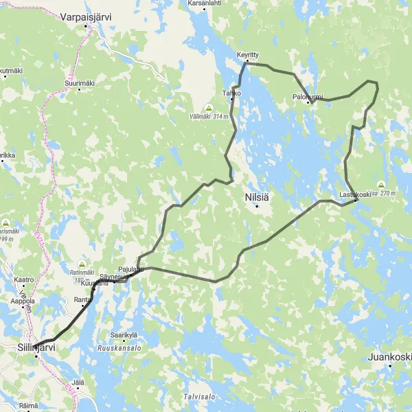 Map miniature of "Siilinjärvi - Oulunmäki Road Route with Lastukoski" cycling inspiration in Pohjois- ja Itä-Suomi, Finland. Generated by Tarmacs.app cycling route planner