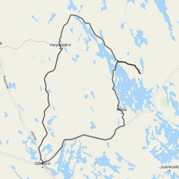 Map miniature of "Siilinjärvi - Nilsiä Road Route" cycling inspiration in Pohjois- ja Itä-Suomi, Finland. Generated by Tarmacs.app cycling route planner