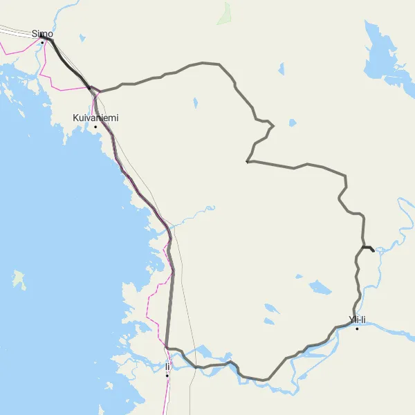 Map miniature of "Road Cycling Adventure: Yli-Ii to Kuivaniemi" cycling inspiration in Pohjois- ja Itä-Suomi, Finland. Generated by Tarmacs.app cycling route planner