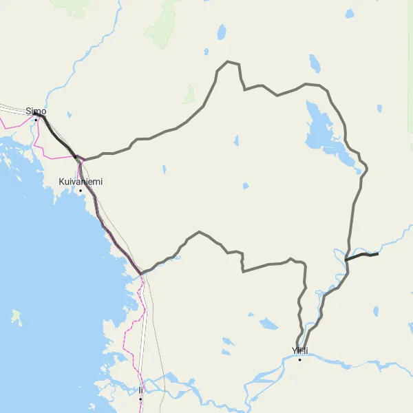 Map miniature of "The Ultimate Road Cycling Challenge: Yli-Ii to Kuivaniemi" cycling inspiration in Pohjois- ja Itä-Suomi, Finland. Generated by Tarmacs.app cycling route planner