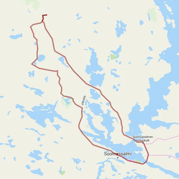 Map miniature of "Gravel Challenge: Suomussalmi and Beyond" cycling inspiration in Pohjois- ja Itä-Suomi, Finland. Generated by Tarmacs.app cycling route planner