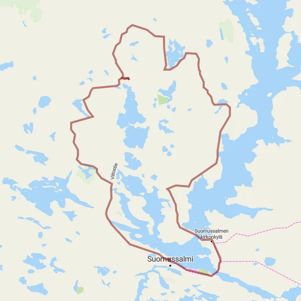 Map miniature of "Suomussalmi Gravel Cycling Route" cycling inspiration in Pohjois- ja Itä-Suomi, Finland. Generated by Tarmacs.app cycling route planner