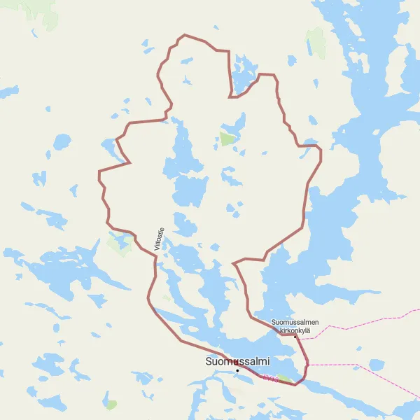 Map miniature of "Gravel Adventure near Suomussalmi" cycling inspiration in Pohjois- ja Itä-Suomi, Finland. Generated by Tarmacs.app cycling route planner