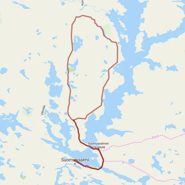 Map miniature of "Exploring Suomussalmi's Gravel Roads" cycling inspiration in Pohjois- ja Itä-Suomi, Finland. Generated by Tarmacs.app cycling route planner