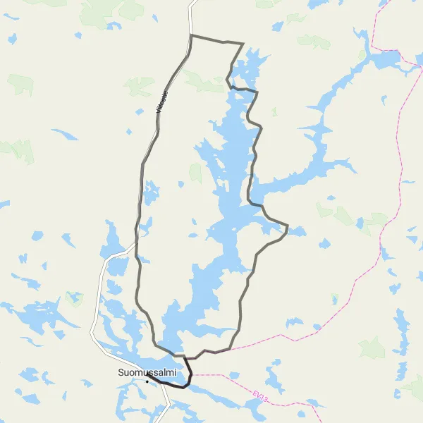 Map miniature of "Suomussalmi Legends" cycling inspiration in Pohjois- ja Itä-Suomi, Finland. Generated by Tarmacs.app cycling route planner