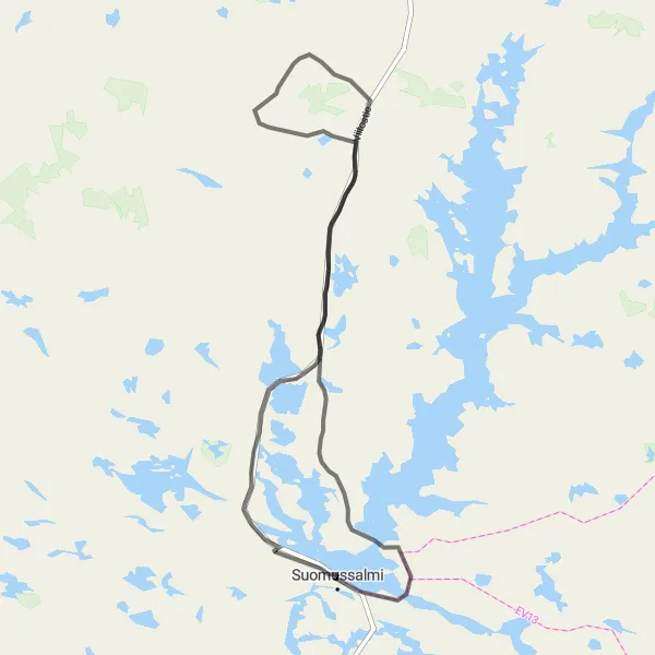 Map miniature of "Suomussalmi Road Cycling Adventure" cycling inspiration in Pohjois- ja Itä-Suomi, Finland. Generated by Tarmacs.app cycling route planner