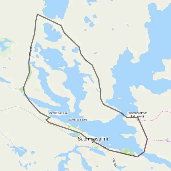 Map miniature of "Suomussalmi Loop" cycling inspiration in Pohjois- ja Itä-Suomi, Finland. Generated by Tarmacs.app cycling route planner