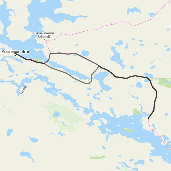 Map miniature of "Suomussalmi Loop" cycling inspiration in Pohjois- ja Itä-Suomi, Finland. Generated by Tarmacs.app cycling route planner