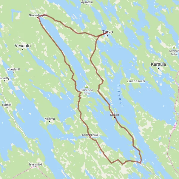 Map miniature of "Gravel Adventure II" cycling inspiration in Pohjois- ja Itä-Suomi, Finland. Generated by Tarmacs.app cycling route planner