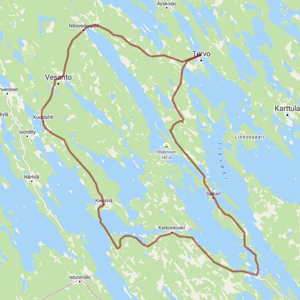 Map miniature of "Vesanto Adventure" cycling inspiration in Pohjois- ja Itä-Suomi, Finland. Generated by Tarmacs.app cycling route planner