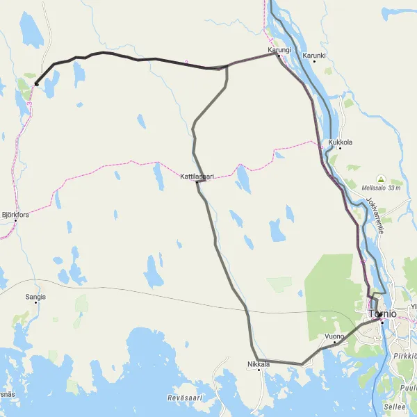 Karttaminiaatyyri "Tornio - Suensaari Road Route" pyöräilyinspiraatiosta alueella Pohjois- ja Itä-Suomi, Finland. Luotu Tarmacs.app pyöräilyreittisuunnittelijalla