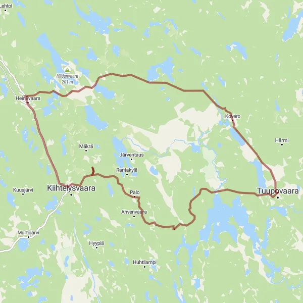 Karttaminiaatyyri "Tuupovaara - Kiihtelysvaara - Heinävaara - Kovero - Tuupovaara" pyöräilyinspiraatiosta alueella Pohjois- ja Itä-Suomi, Finland. Luotu Tarmacs.app pyöräilyreittisuunnittelijalla