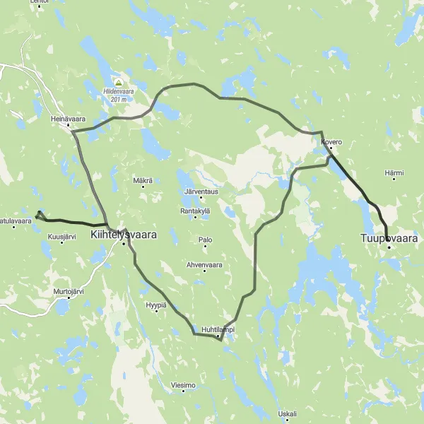 Map miniature of "Tuupovaara to Kiihtelysvaara Loop" cycling inspiration in Pohjois- ja Itä-Suomi, Finland. Generated by Tarmacs.app cycling route planner