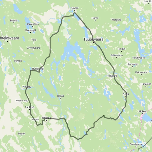 Karttaminiaatyyri "Tuupovaara - Lintutorni - Öllölä - Kovero - Tuupovaara" pyöräilyinspiraatiosta alueella Pohjois- ja Itä-Suomi, Finland. Luotu Tarmacs.app pyöräilyreittisuunnittelijalla