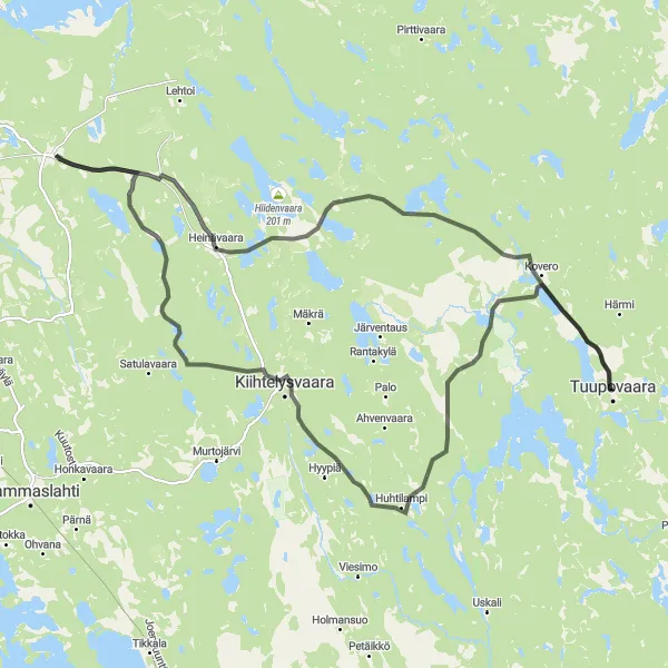 Karttaminiaatyyri "Kiihtelysvaara - Tuupovaara Route" pyöräilyinspiraatiosta alueella Pohjois- ja Itä-Suomi, Finland. Luotu Tarmacs.app pyöräilyreittisuunnittelijalla