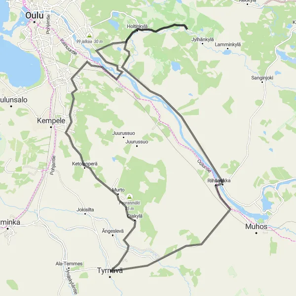 Map miniature of "Road Cycling Bliss along Tyrnävä" cycling inspiration in Pohjois- ja Itä-Suomi, Finland. Generated by Tarmacs.app cycling route planner