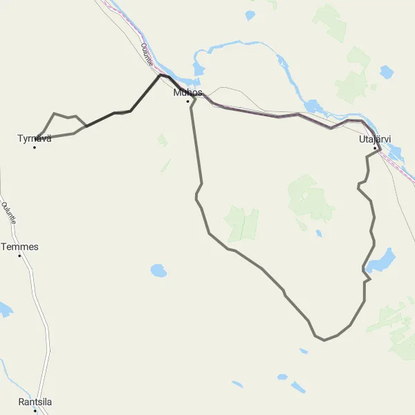 Map miniature of "Muhos-Utajärvi-Tyrnävä Grand Tour" cycling inspiration in Pohjois- ja Itä-Suomi, Finland. Generated by Tarmacs.app cycling route planner