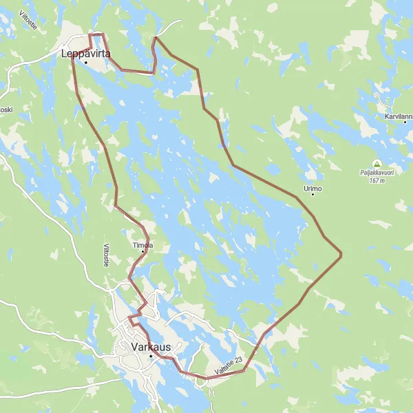 Map miniature of "Luttila and Leppävirta Gravel Loop" cycling inspiration in Pohjois- ja Itä-Suomi, Finland. Generated by Tarmacs.app cycling route planner