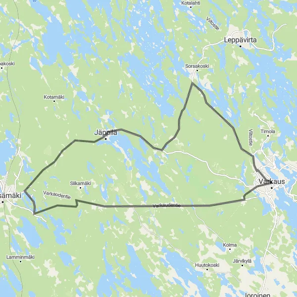 Map miniature of "Road Cycling Route from Varkaus to Kuoppakangas" cycling inspiration in Pohjois- ja Itä-Suomi, Finland. Generated by Tarmacs.app cycling route planner