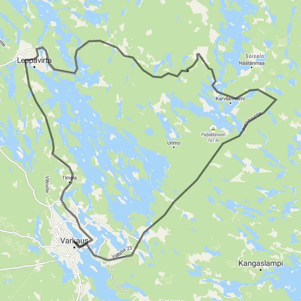 Map miniature of "Road Cycling Route from Varkaus to Kämäri" cycling inspiration in Pohjois- ja Itä-Suomi, Finland. Generated by Tarmacs.app cycling route planner