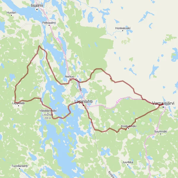 Map miniature of "Gravel Adventure: Lapinlahti Loop" cycling inspiration in Pohjois- ja Itä-Suomi, Finland. Generated by Tarmacs.app cycling route planner